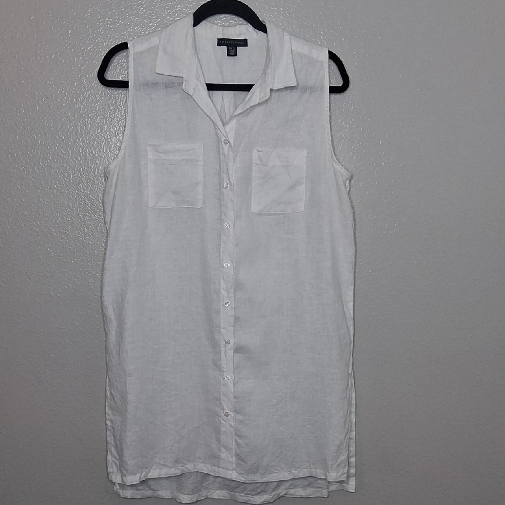 Saks Fifth Ave Linen Sleeveless Shirt Dress White Summer Beach Cover up Medium
